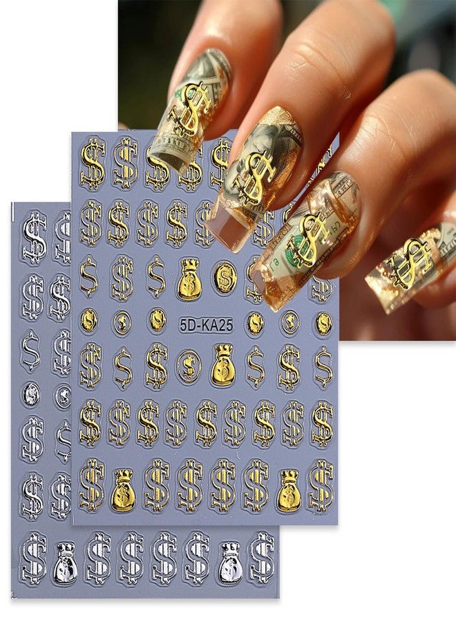 Vopintpy Gold Silver Dollar Nails Stickers Decals 5D Embossed Dollar Nails Art Stickers Self-Adhesive Designs Nail Art Decals for Women DIY Nail Decorations - Image 1